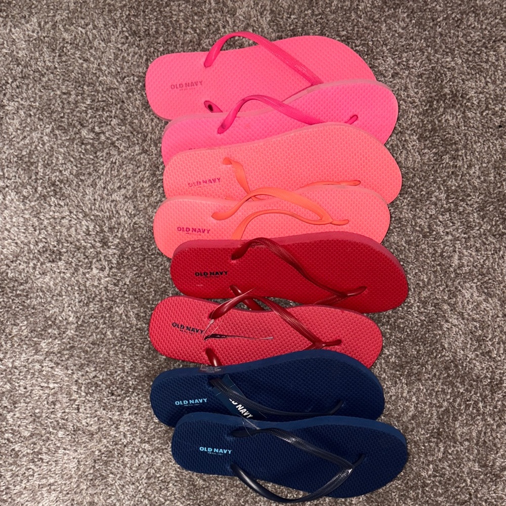 Old Navy Flip Flops in Pink, Red, and Blue